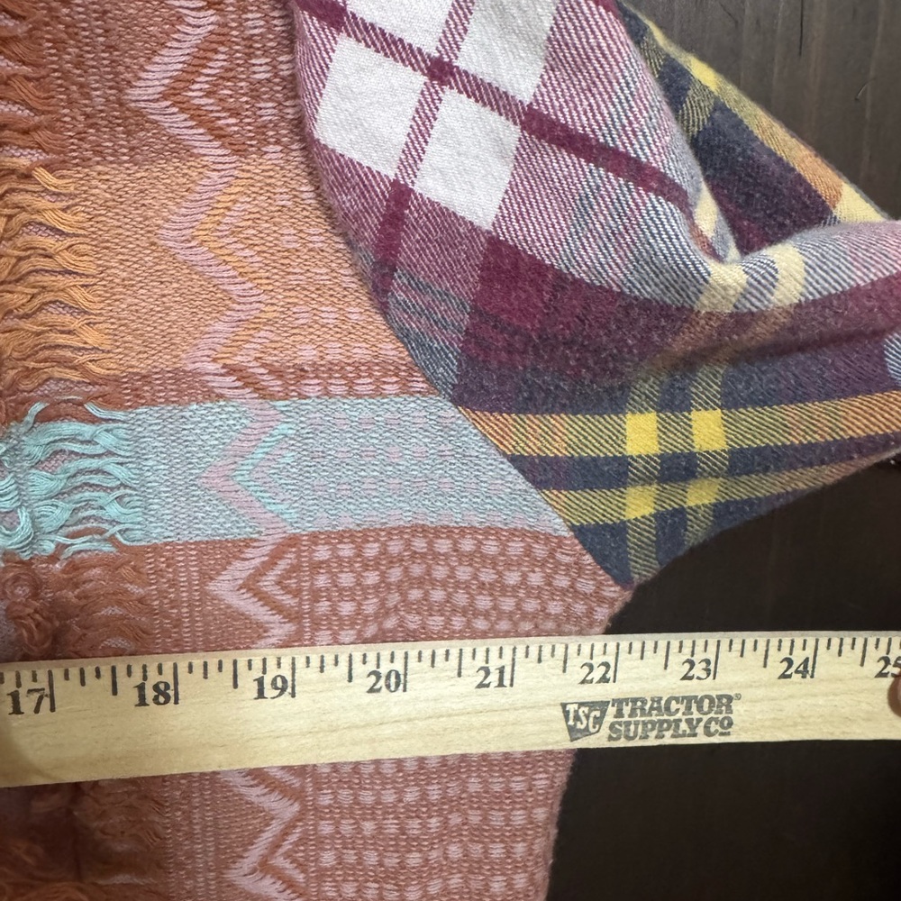 Gimmicks Patchwork Fringe Open Front Sweater Fringe flannel Sleeves Size Large - Picture 7 of 8